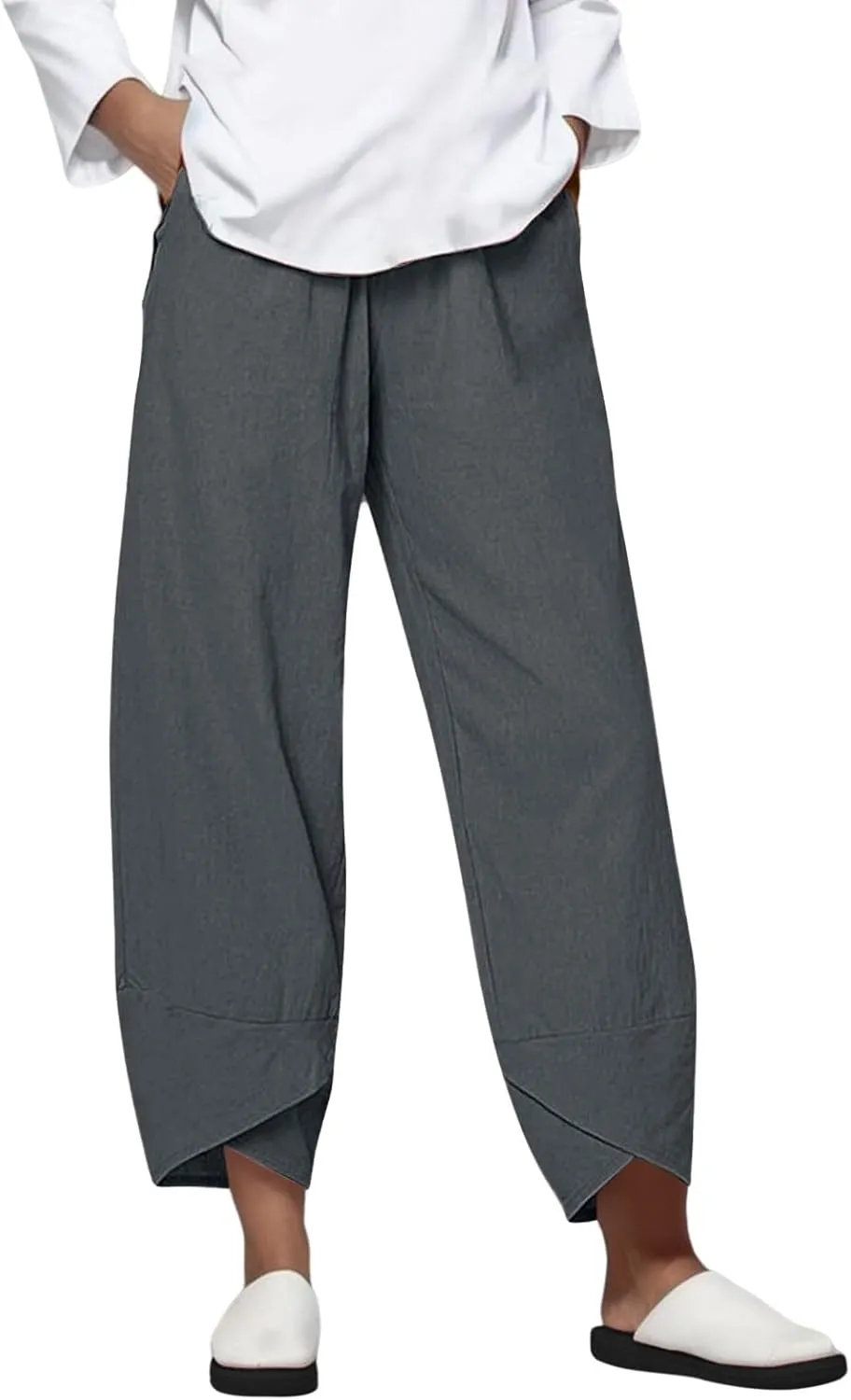 Womens Cotton Linen Casual Summer Capri Pants Printed Cropped Comfy Baggy Trousers with Pockets Palazzo Lounge Pants
