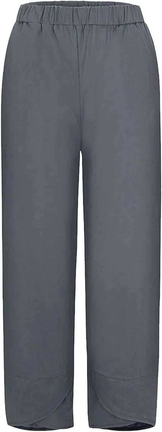 Womens Cotton Linen Casual Summer Capri Pants Printed Cropped Comfy Baggy Trousers with Pockets Palazzo Lounge Pants
