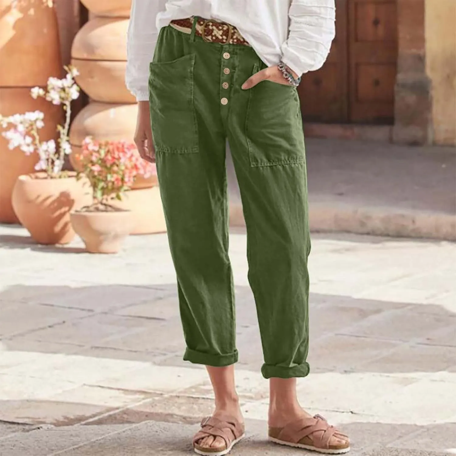 Women's Cotton Linen Cropped Pants, Button Waist Loose Straight Leg Trousers Summer Office Casual Clothes with Pockets