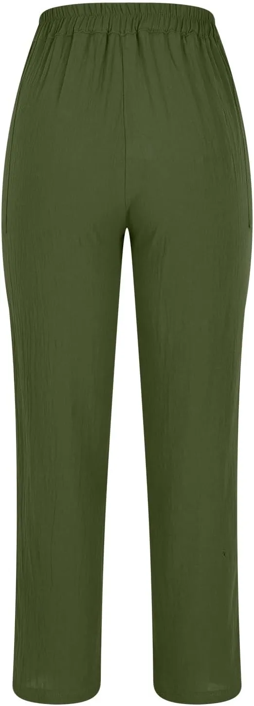 Women's Cotton Linen Cropped Pants, Button Waist Loose Straight Leg Trousers Summer Office Casual Clothes with Pockets