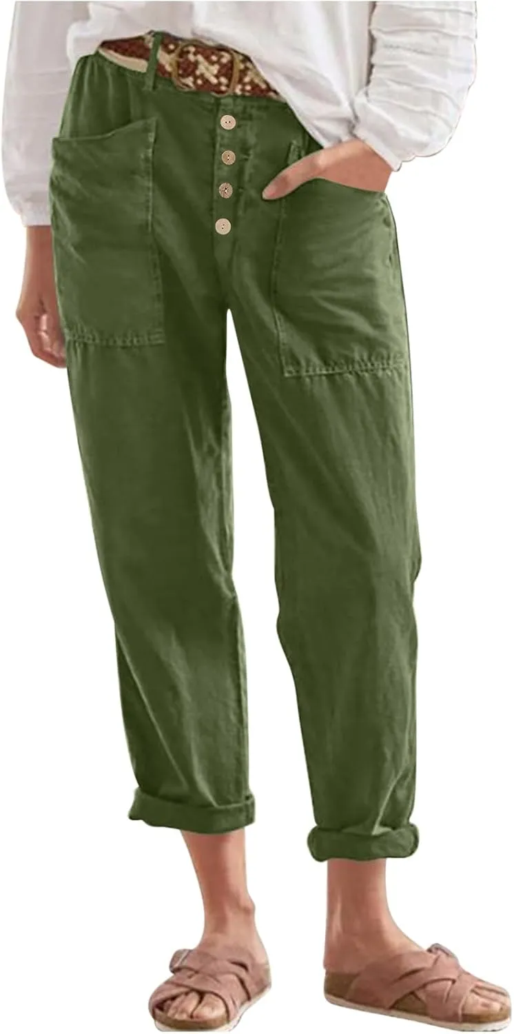 Women's Cotton Linen Cropped Pants, Button Waist Loose Straight Leg Trousers Summer Office Casual Clothes with Pockets