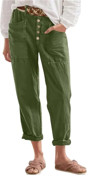 Women's Cotton Linen Cropped Pants, Button Waist Loose Straight Leg Trousers Summer Office Casual Clothes with Pockets
