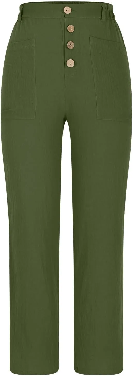 Women's Cotton Linen Cropped Pants, Button Waist Loose Straight Leg Trousers Summer Office Casual Clothes with Pockets