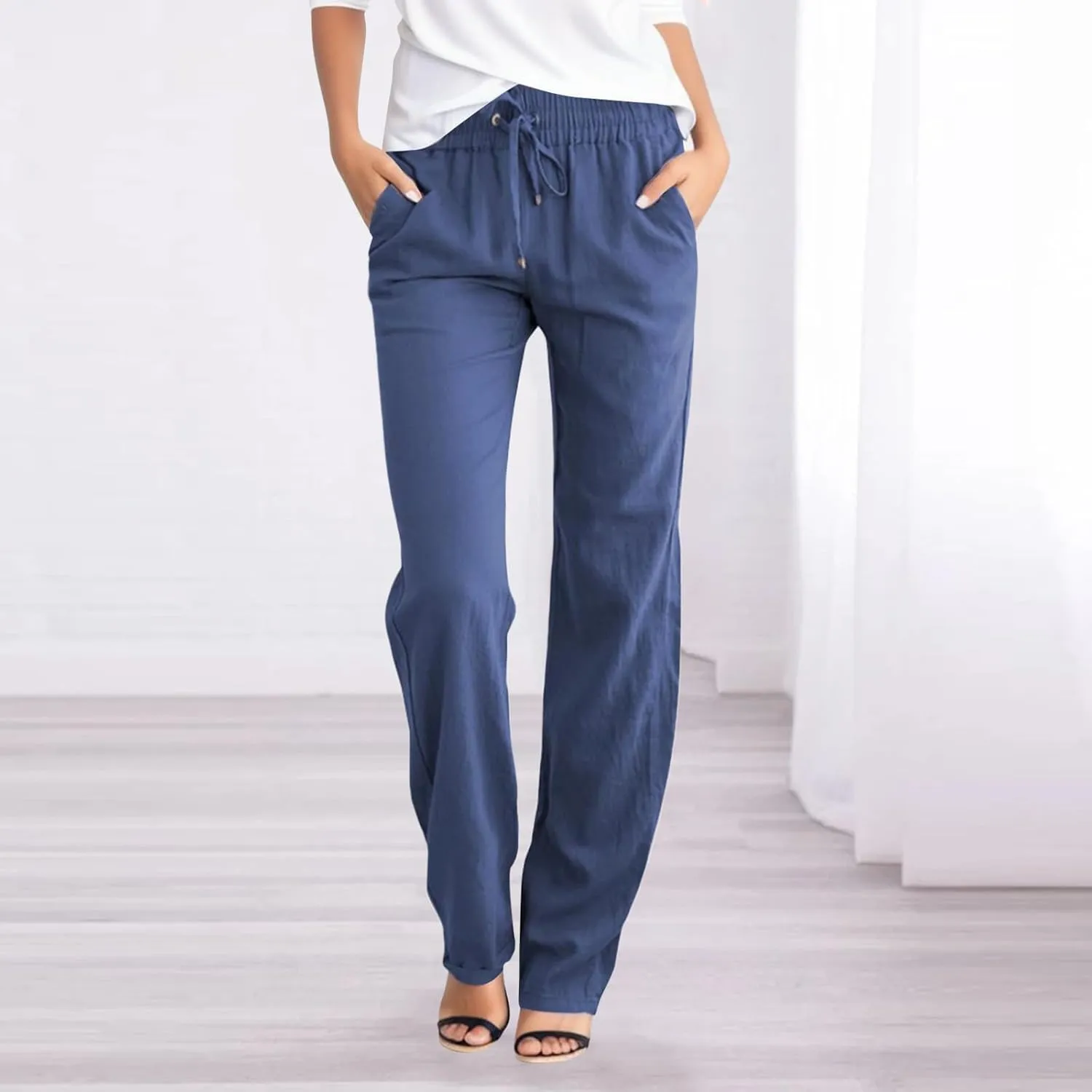 Womens Cotton Linen Palazzo Pants Casual Loose High Waist Straight Leg Lounge Pants Trousers Summer Beach Travel Vacation