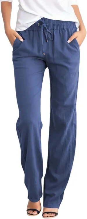 Womens Cotton Linen Palazzo Pants Casual Loose High Waist Straight Leg Lounge Pants Trousers Summer Beach Travel Vacation