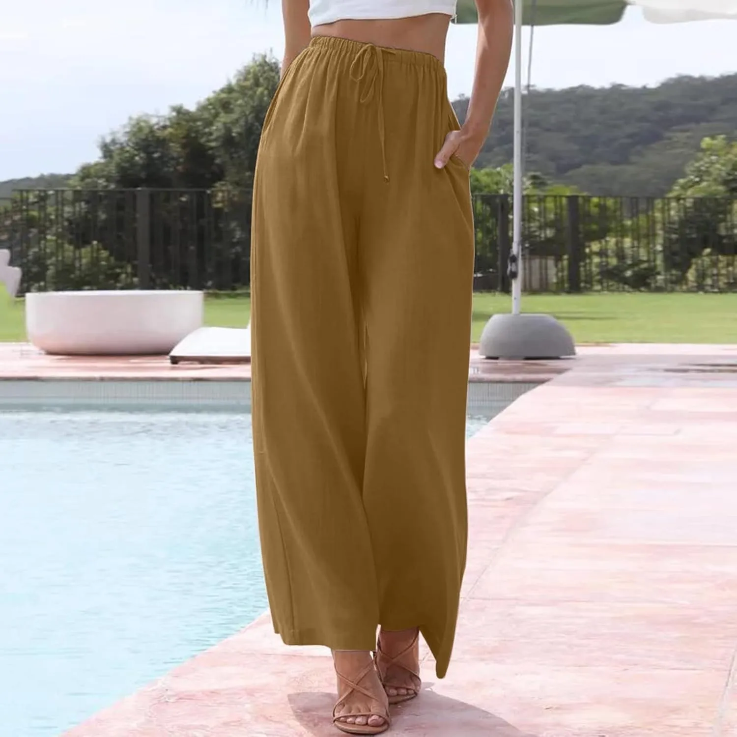 Womens Cotton Linen Palazzo Pants Drawstring Elastic Waist Casual Wide Leg Pants with Pockets Summer Loose Boho Beach Pants