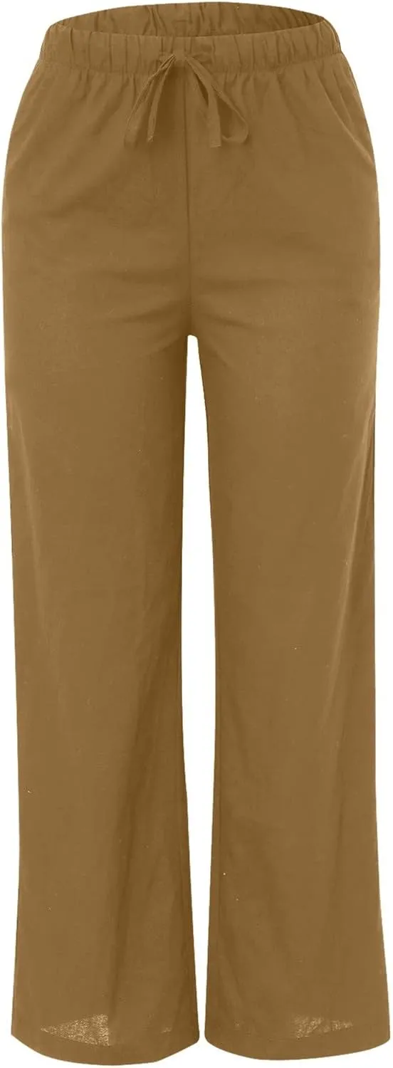 Womens Cotton Linen Palazzo Pants Drawstring Elastic Waist Casual Wide Leg Pants with Pockets Summer Loose Boho Beach Pants