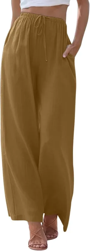 Womens Cotton Linen Palazzo Pants Drawstring Elastic Waist Casual Wide Leg Pants with Pockets Summer Loose Boho Beach Pants