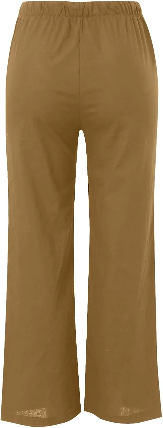 Womens Cotton Linen Palazzo Pants Drawstring Elastic Waist Casual Wide Leg Pants with Pockets Summer Loose Boho Beach Pants