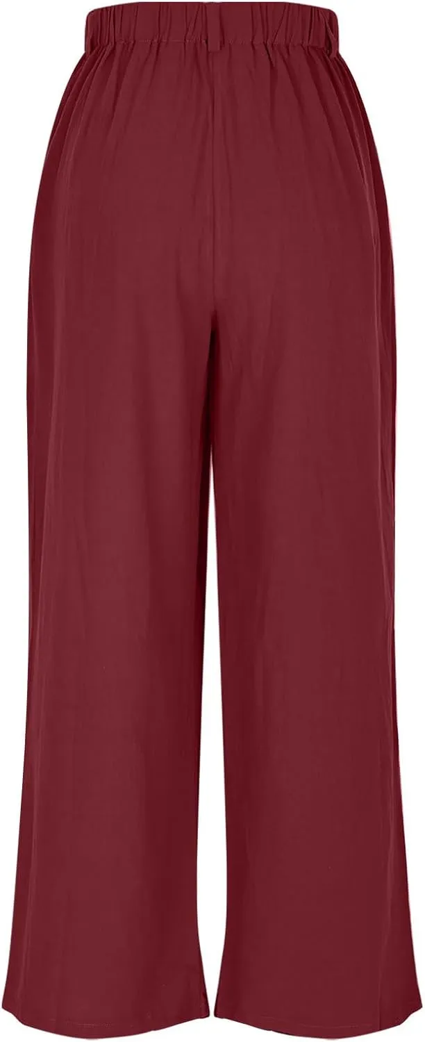 Womens Cotton Linen Pants Casual Loose High Waisted Wide Leg Palazzo Trousers Summer Beach Vacation Cropped Pant 2025