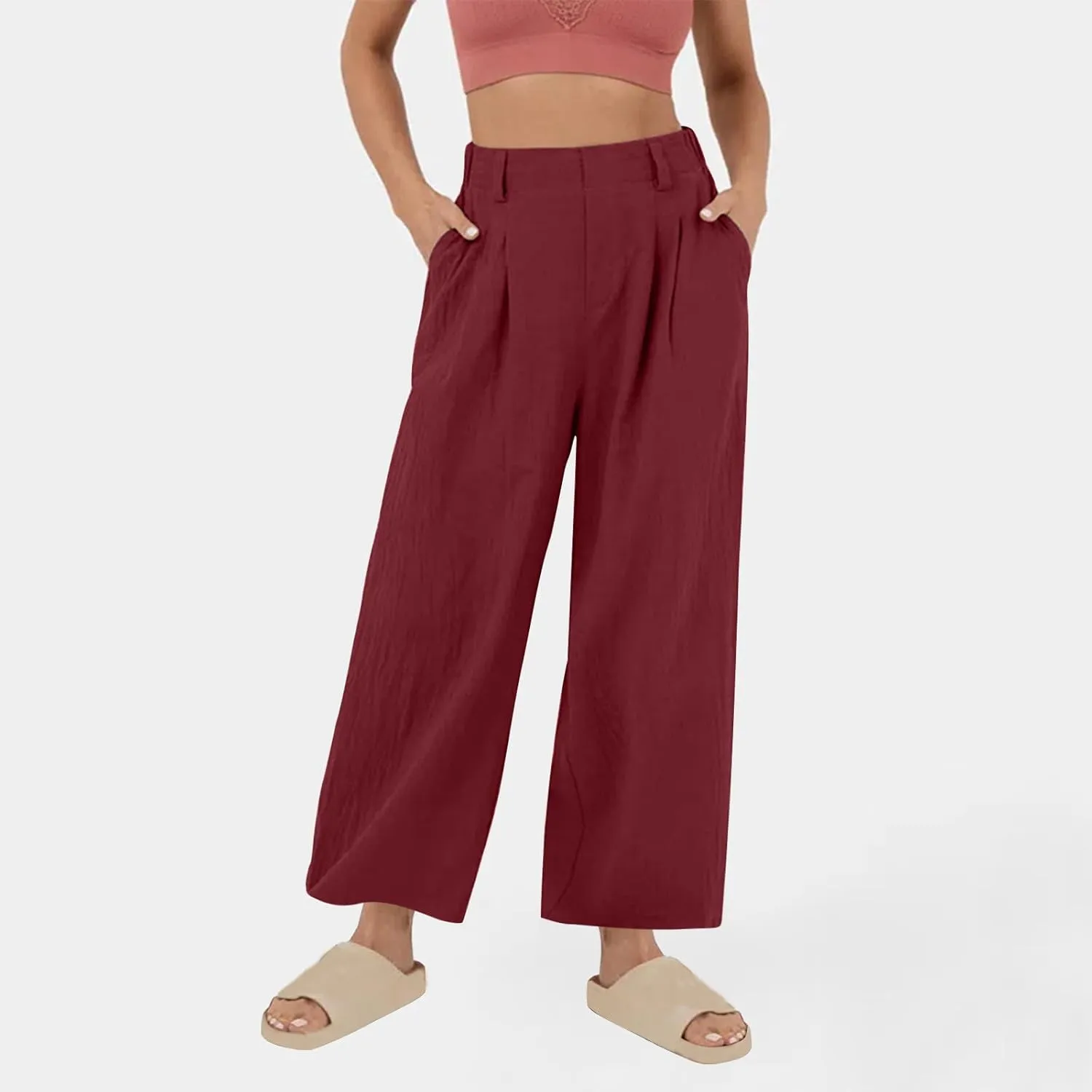 Womens Cotton Linen Pants Casual Loose High Waisted Wide Leg Palazzo Trousers Summer Beach Vacation Cropped Pant 2025