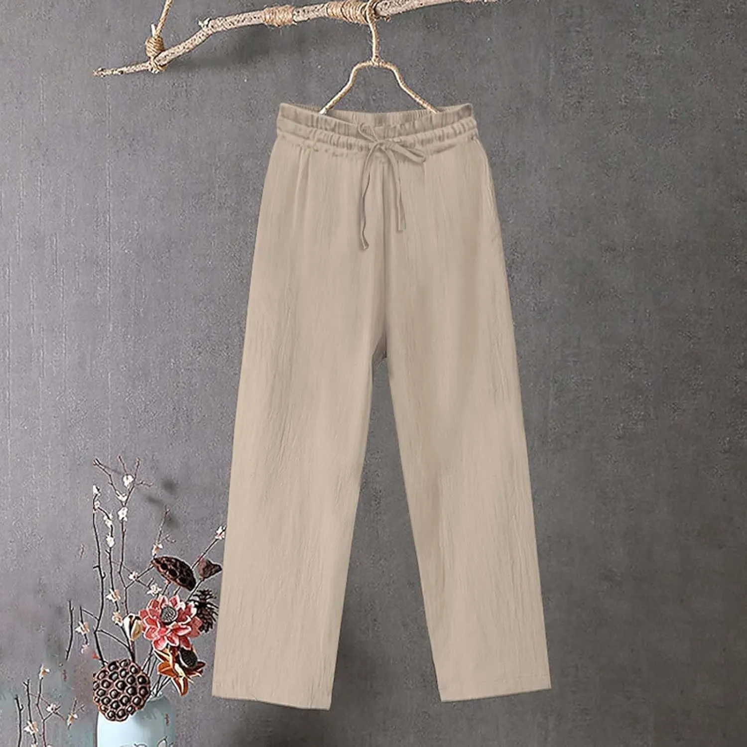 Womens Cotton Linen Pants Pants Fashion Drawstring Elastic Trousers Comfy Sports Athletic Lounge Pants with Pockets