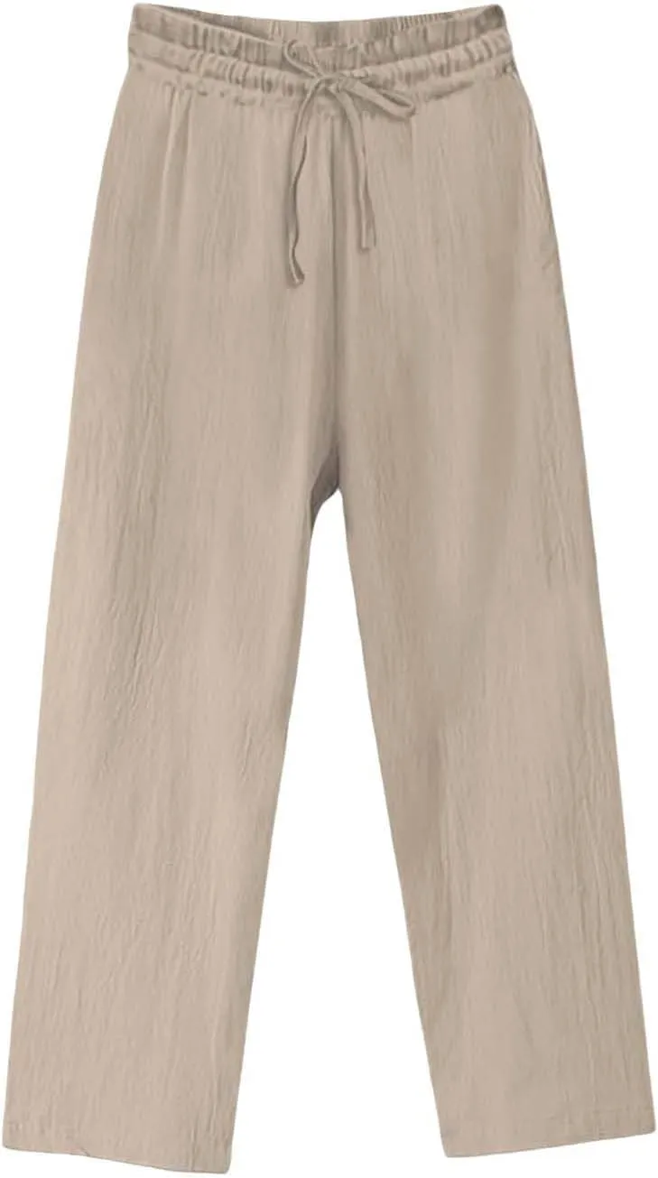 Womens Cotton Linen Pants Pants Fashion Drawstring Elastic Trousers Comfy Sports Athletic Lounge Pants with Pockets