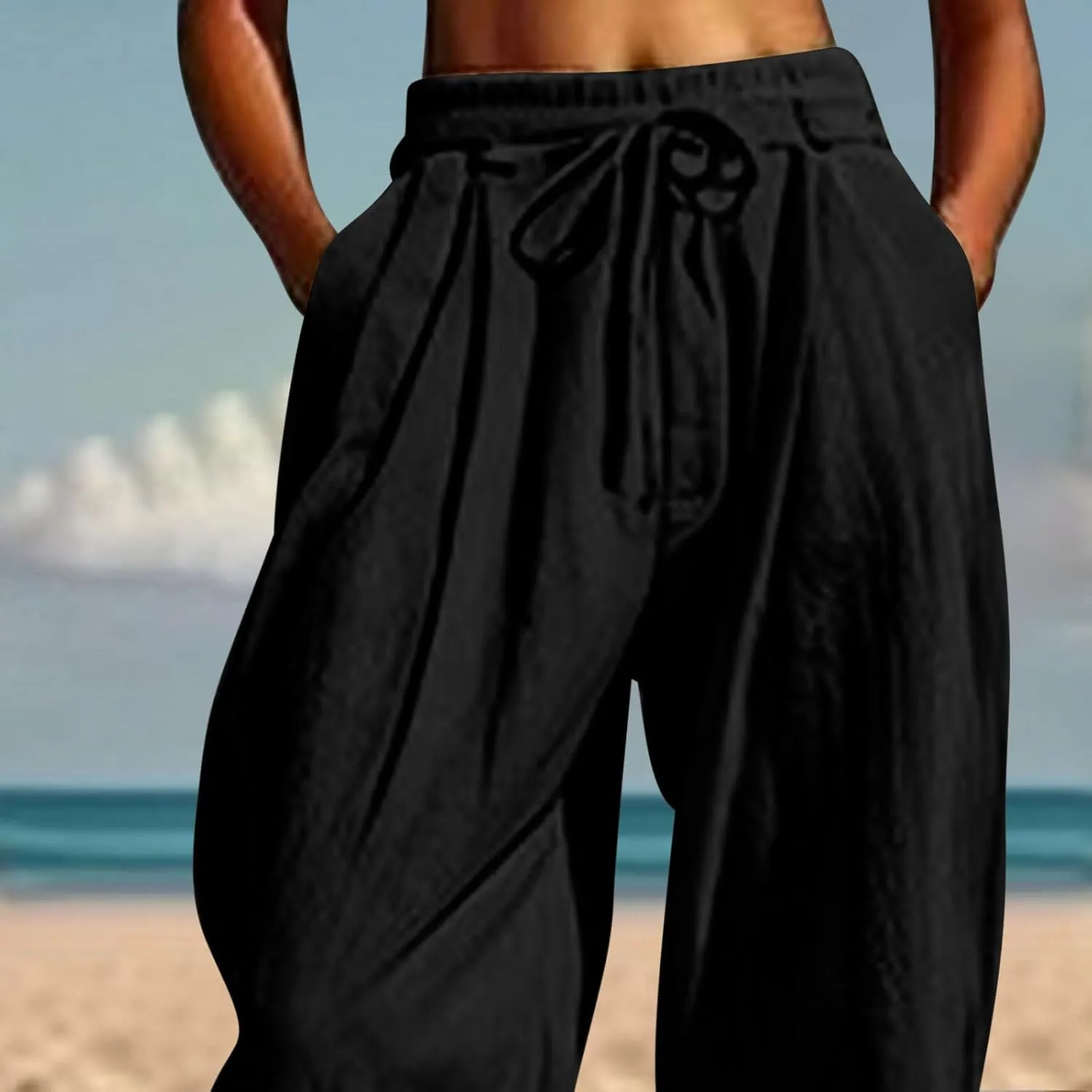 Womens Cotton Linen Pants Patch Pockets Tapered Leg Elastic Waist Long Pant Casual Lightweight Beach Cropped Trousers
