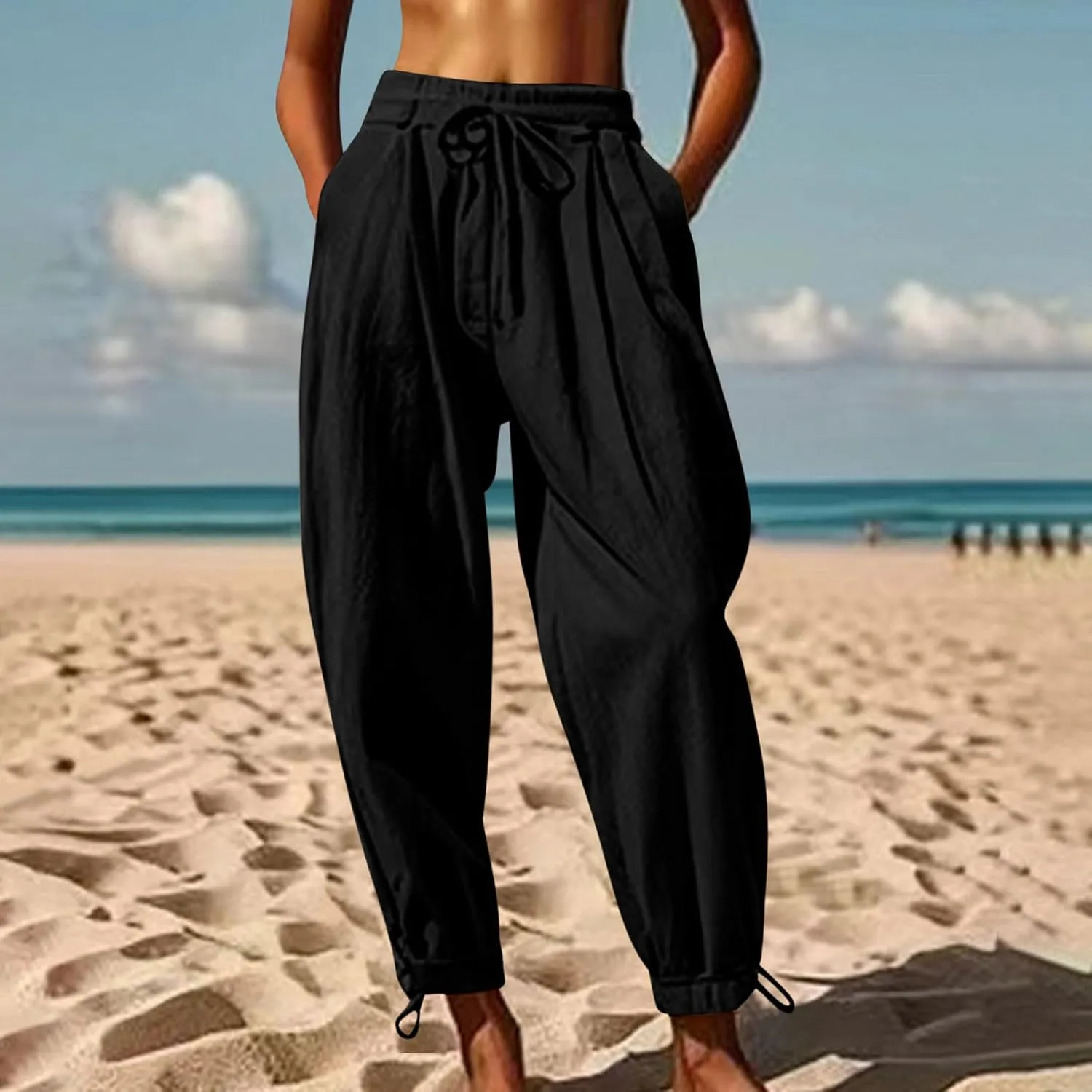 Womens Cotton Linen Pants Patch Pockets Tapered Leg Elastic Waist Long Pant Casual Lightweight Beach Cropped Trousers