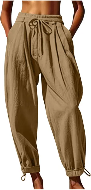 Womens Cotton Linen Pants Patch Pockets Tapered Leg Elastic Waist Long Pant Casual Lightweight Beach Cropped Trousers