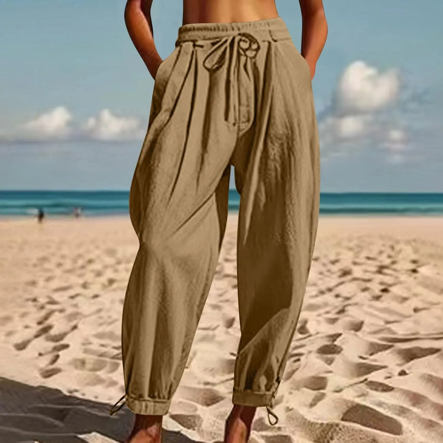 Womens Cotton Linen Pants Patch Pockets Tapered Leg Elastic Waist Long Pant Casual Lightweight Beach Cropped Trousers