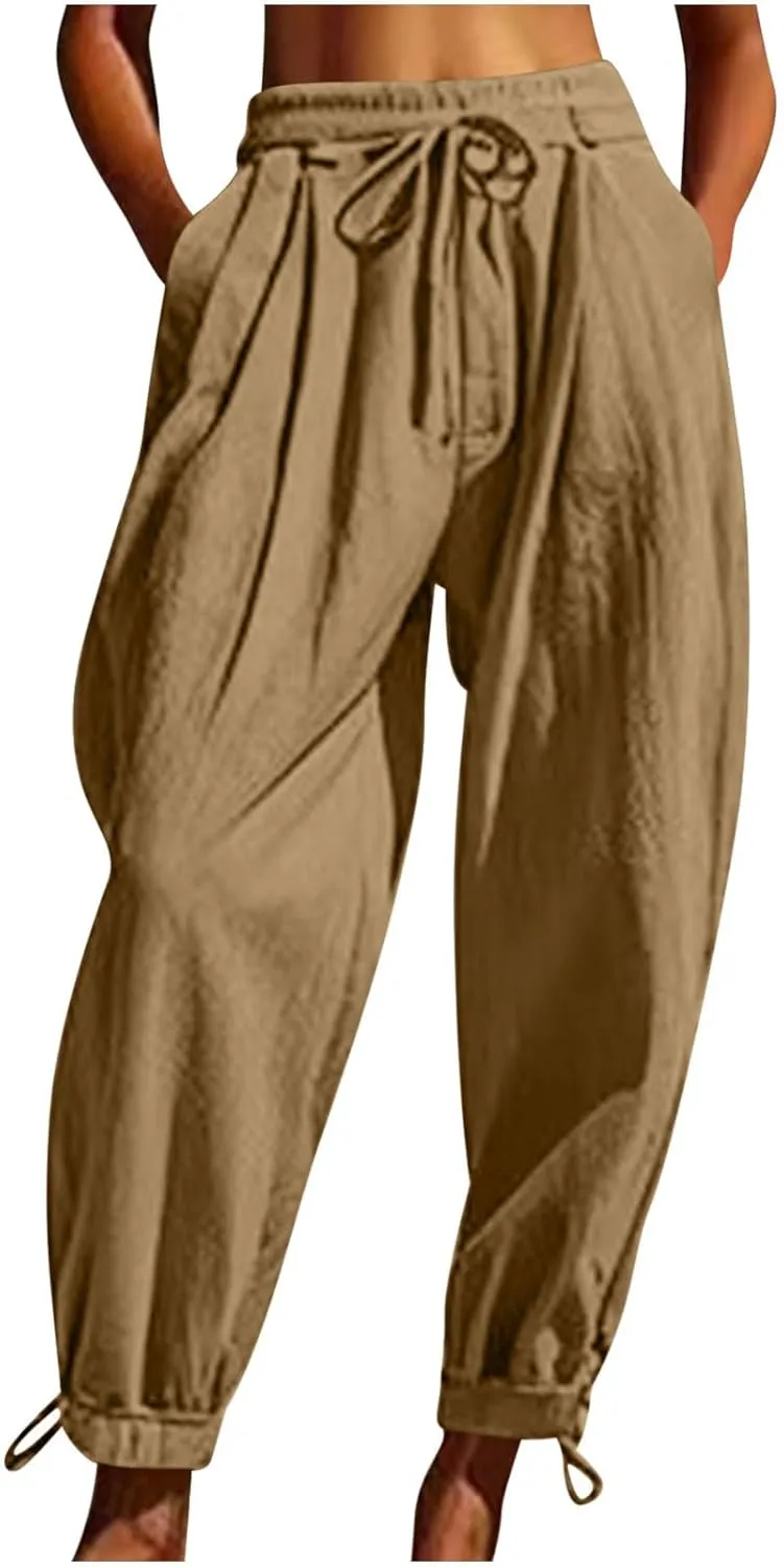 Womens Cotton Linen Pants Patch Pockets Tapered Leg Elastic Waist Long Pant Casual Lightweight Beach Cropped Trousers