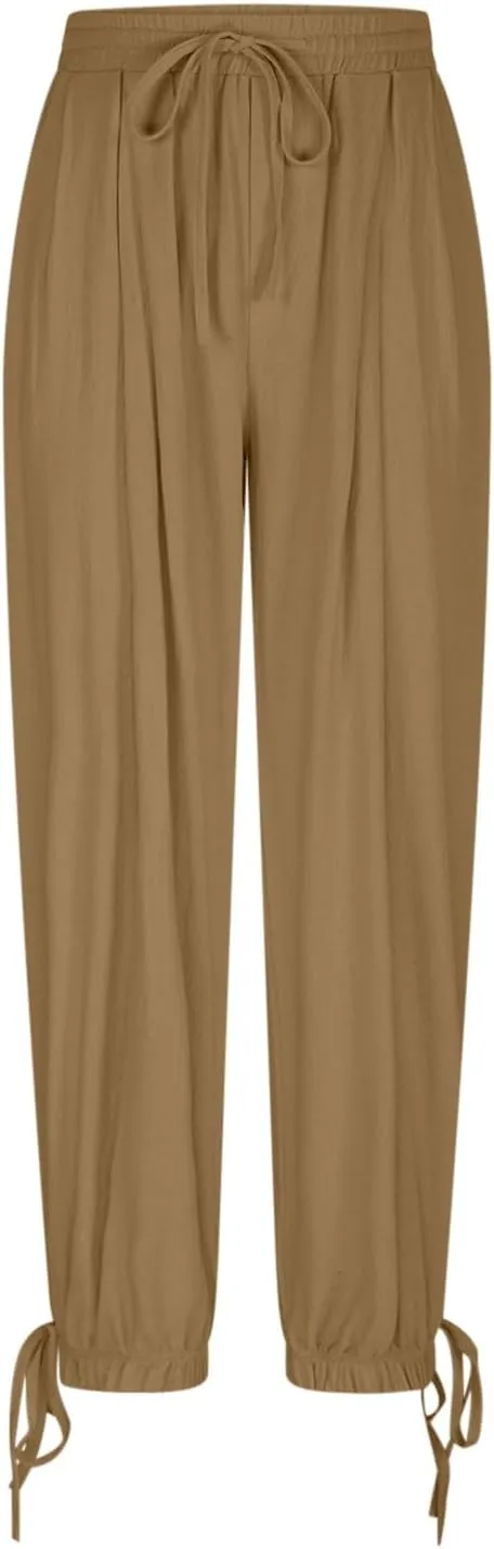 Womens Cotton Linen Pants Patch Pockets Tapered Leg Elastic Waist Long Pant Casual Lightweight Beach Cropped Trousers