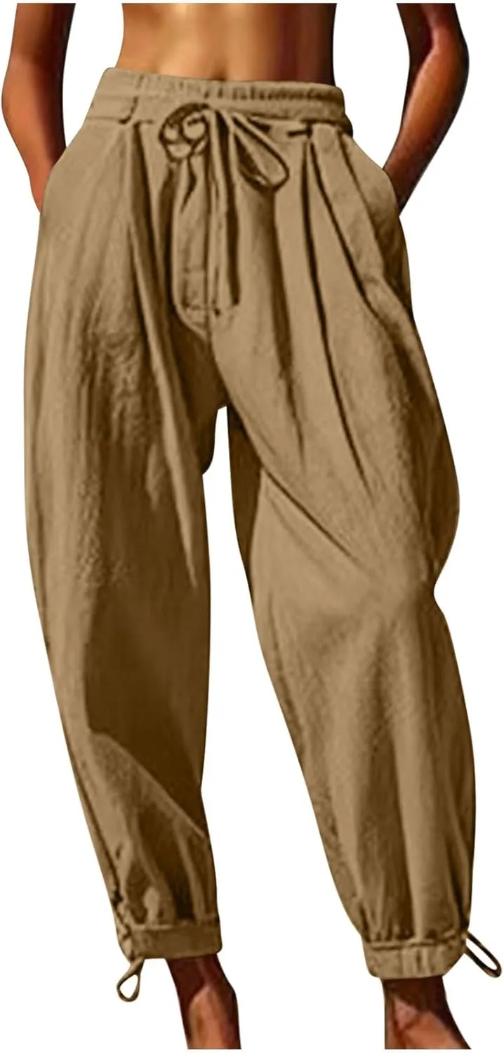 Womens Cotton Linen Pants Patch Pockets Tapered Leg Elastic Waist Long Pant Casual Lightweight Beach Cropped Trousers
