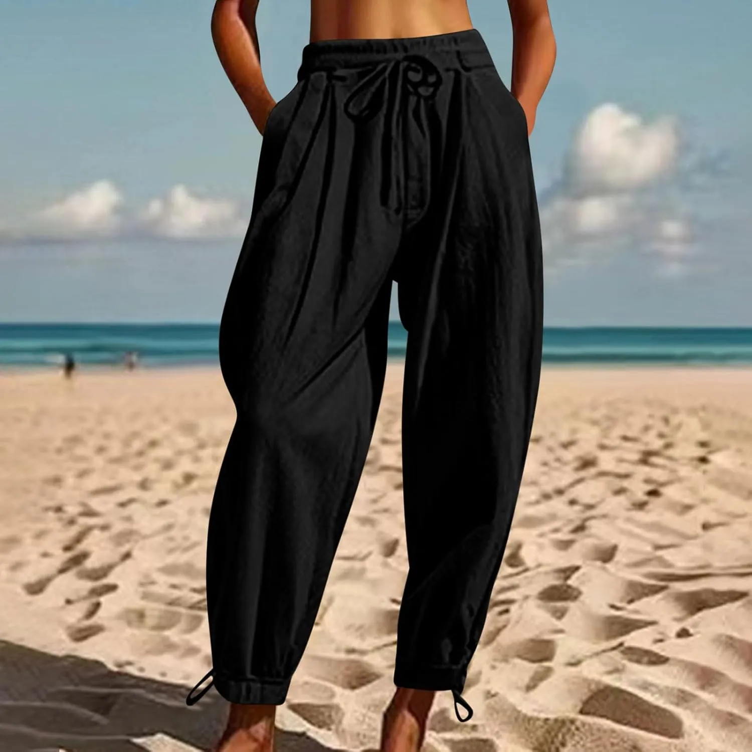 Womens Cotton Linen Pants Patch Pockets Tapered Leg Elastic Waist Long Pant Casual Lightweight Beach Cropped Trousers