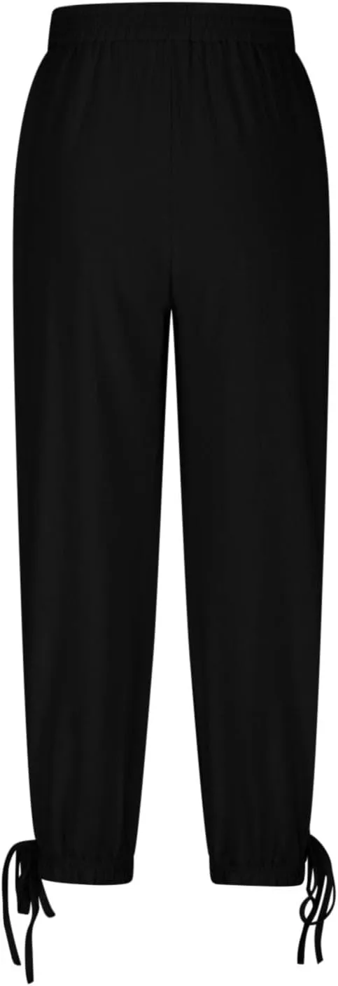 Womens Cotton Linen Pants Patch Pockets Tapered Leg Elastic Waist Long Pant Casual Lightweight Beach Cropped Trousers