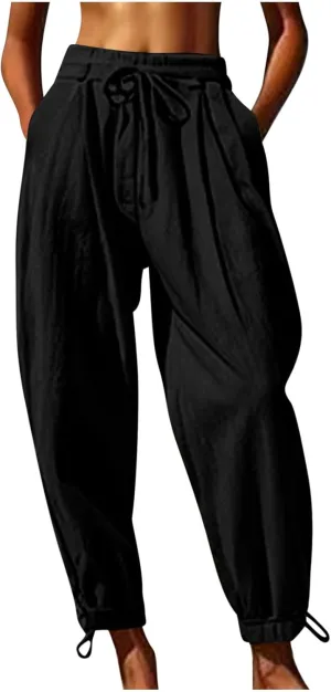 Womens Cotton Linen Pants Patch Pockets Tapered Leg Elastic Waist Long Pant Casual Lightweight Beach Cropped Trousers