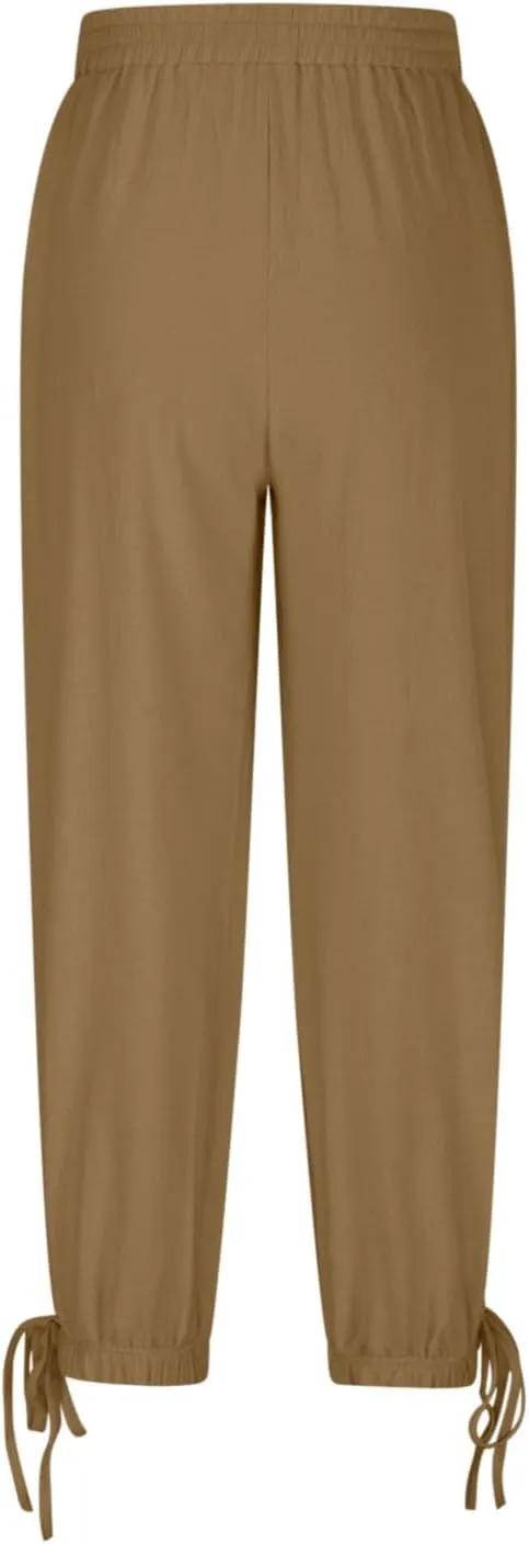 Womens Cotton Linen Pants Patch Pockets Tapered Leg Elastic Waist Long Pant Casual Lightweight Beach Cropped Trousers