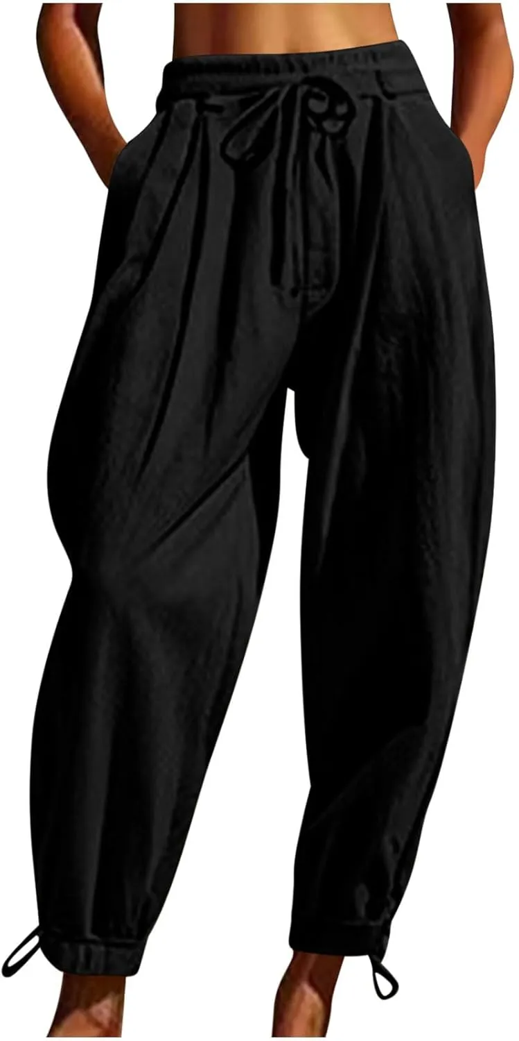 Womens Cotton Linen Pants Patch Pockets Tapered Leg Elastic Waist Long Pant Casual Lightweight Beach Cropped Trousers