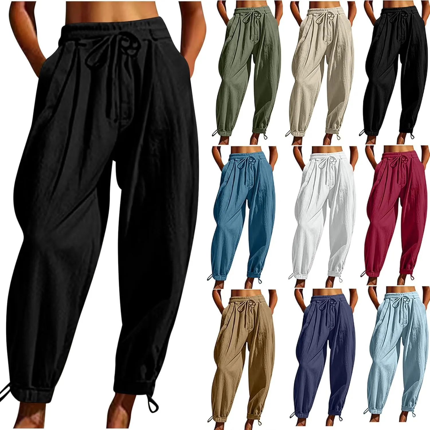 Womens Cotton Linen Pants Patch Pockets Tapered Leg Elastic Waist Long Pant Casual Lightweight Beach Cropped Trousers