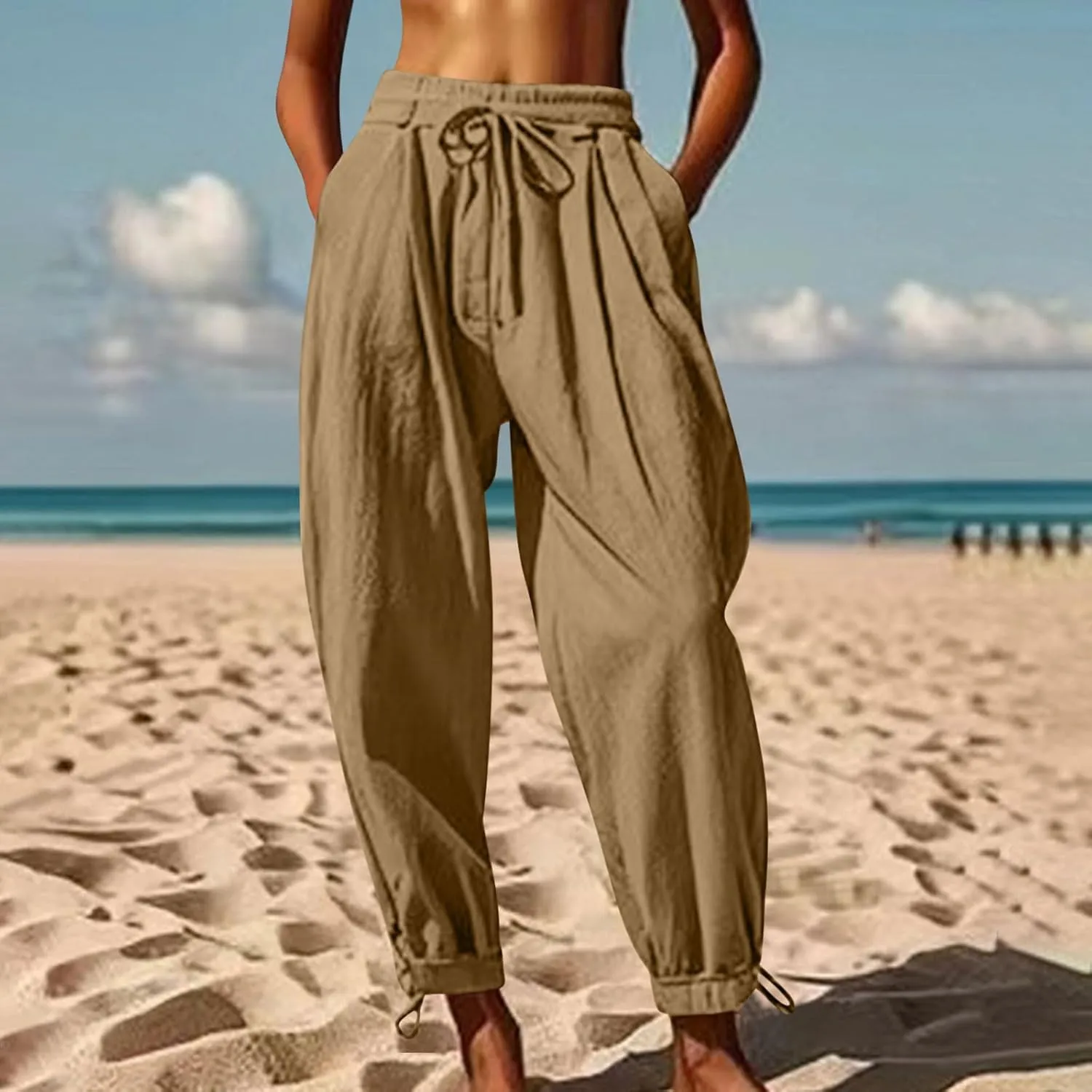 Womens Cotton Linen Pants Patch Pockets Tapered Leg Elastic Waist Long Pant Casual Lightweight Beach Cropped Trousers