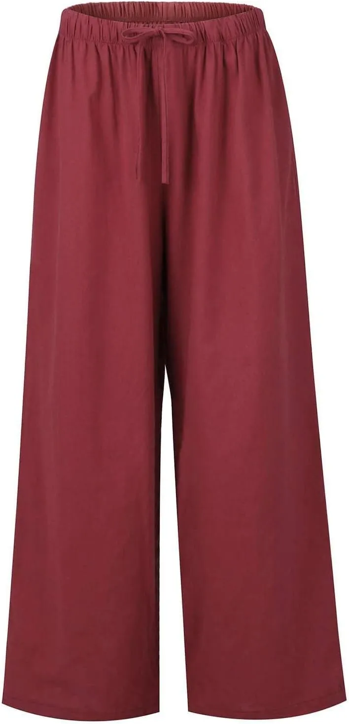 Women's Cotton Linen Pants Summer Casual Loose Drawstring High Waist Palazzo Wide Leg Capri Palazzo Loose Trousers