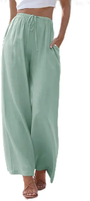 Women's Cotton Linen Pants Summer Casual Loose Drawstring High Waist Palazzo Wide Leg Capri Palazzo Loose Trousers