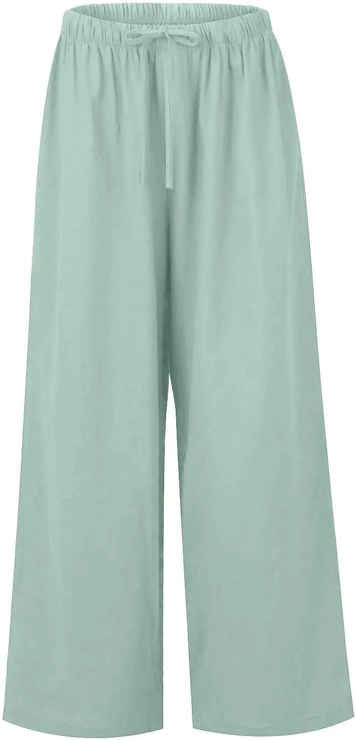 Women's Cotton Linen Pants Summer Casual Loose Drawstring High Waist Palazzo Wide Leg Capri Palazzo Loose Trousers