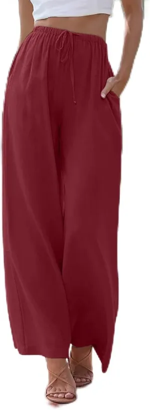 Women's Cotton Linen Pants Summer Casual Loose Drawstring High Waist Palazzo Wide Leg Capri Palazzo Loose Trousers