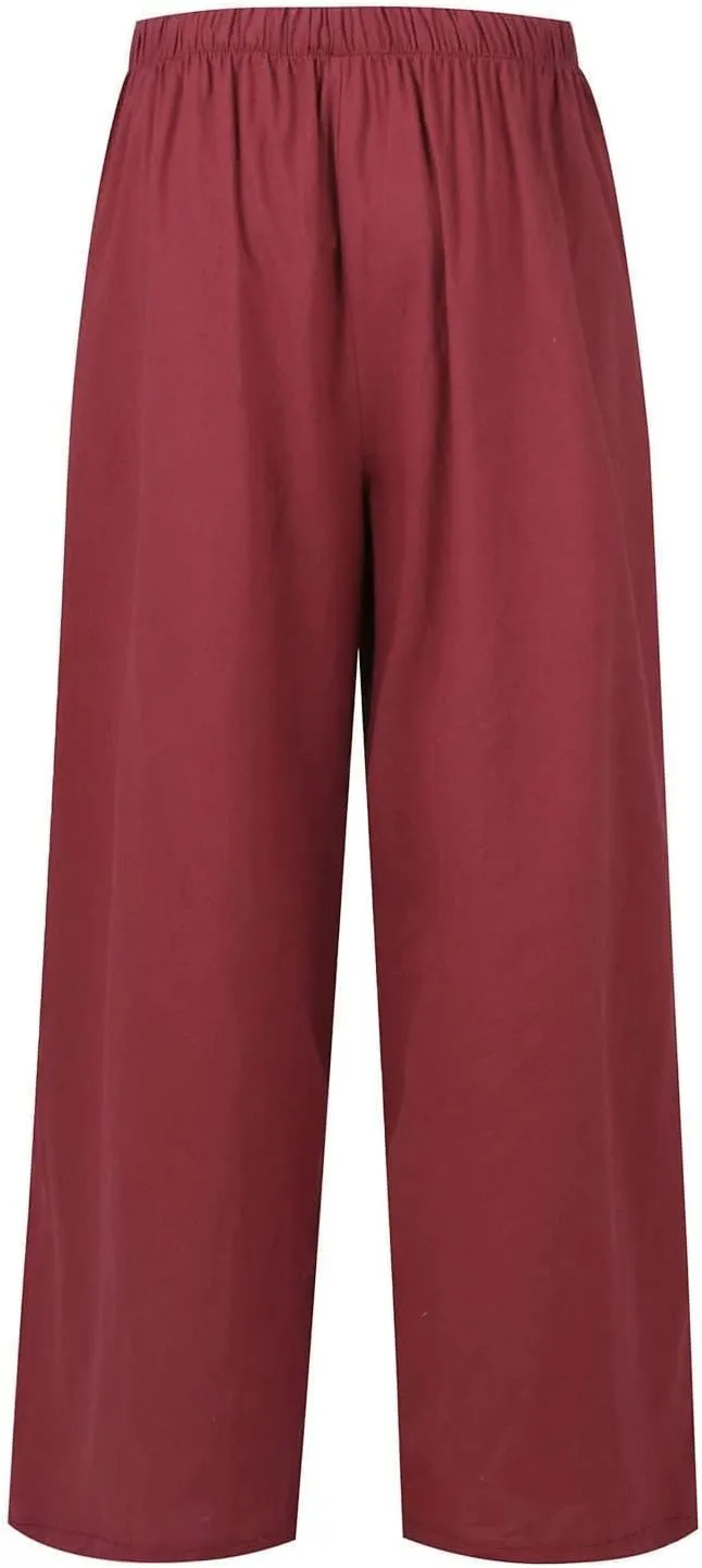 Women's Cotton Linen Pants Summer Casual Loose Drawstring High Waist Palazzo Wide Leg Capri Palazzo Loose Trousers