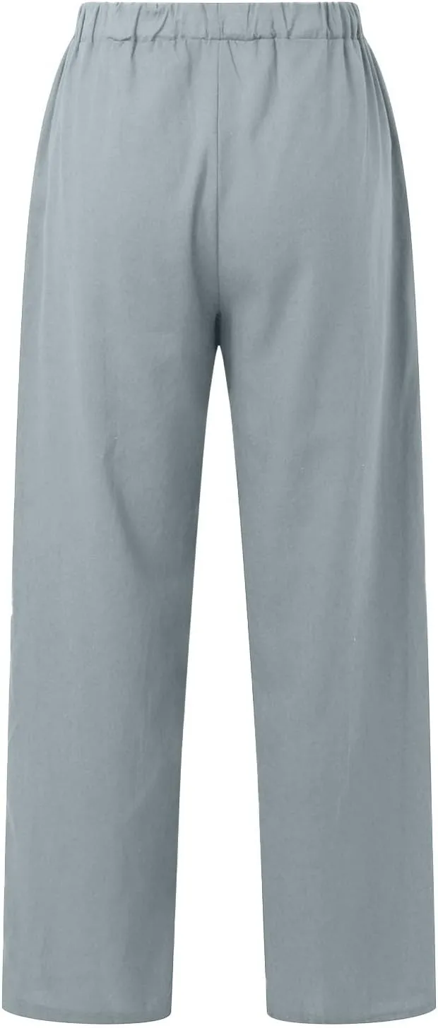 Women's Cotton Linen Pants Summer Palazzo Flowy Elastic Waist Straight Leg Beach Trousers with Pockets Outfits 2025