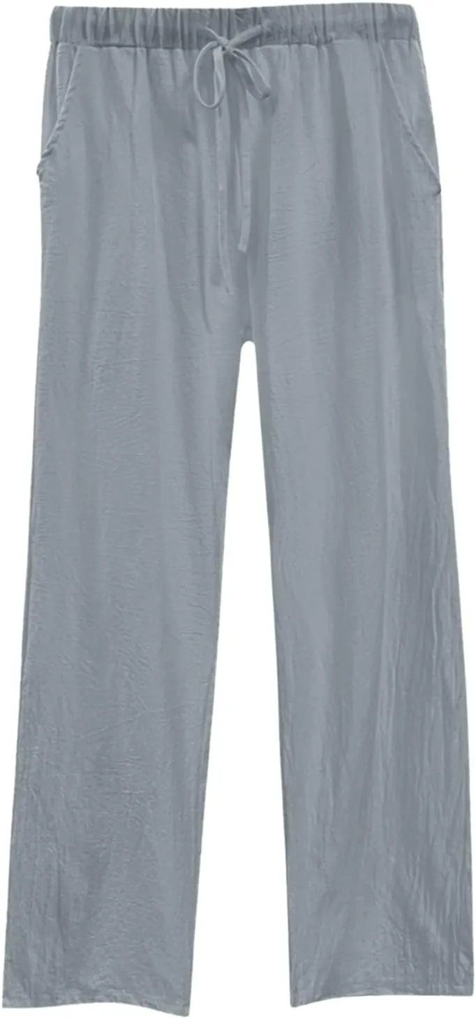 Women's Cotton Linen Pants Summer Palazzo Flowy Elastic Waist Straight Leg Beach Trousers with Pockets Outfits 2025