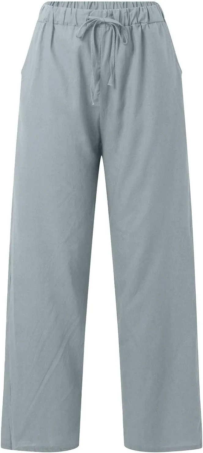 Women's Cotton Linen Pants Summer Palazzo Flowy Elastic Waist Straight Leg Beach Trousers with Pockets Outfits 2025