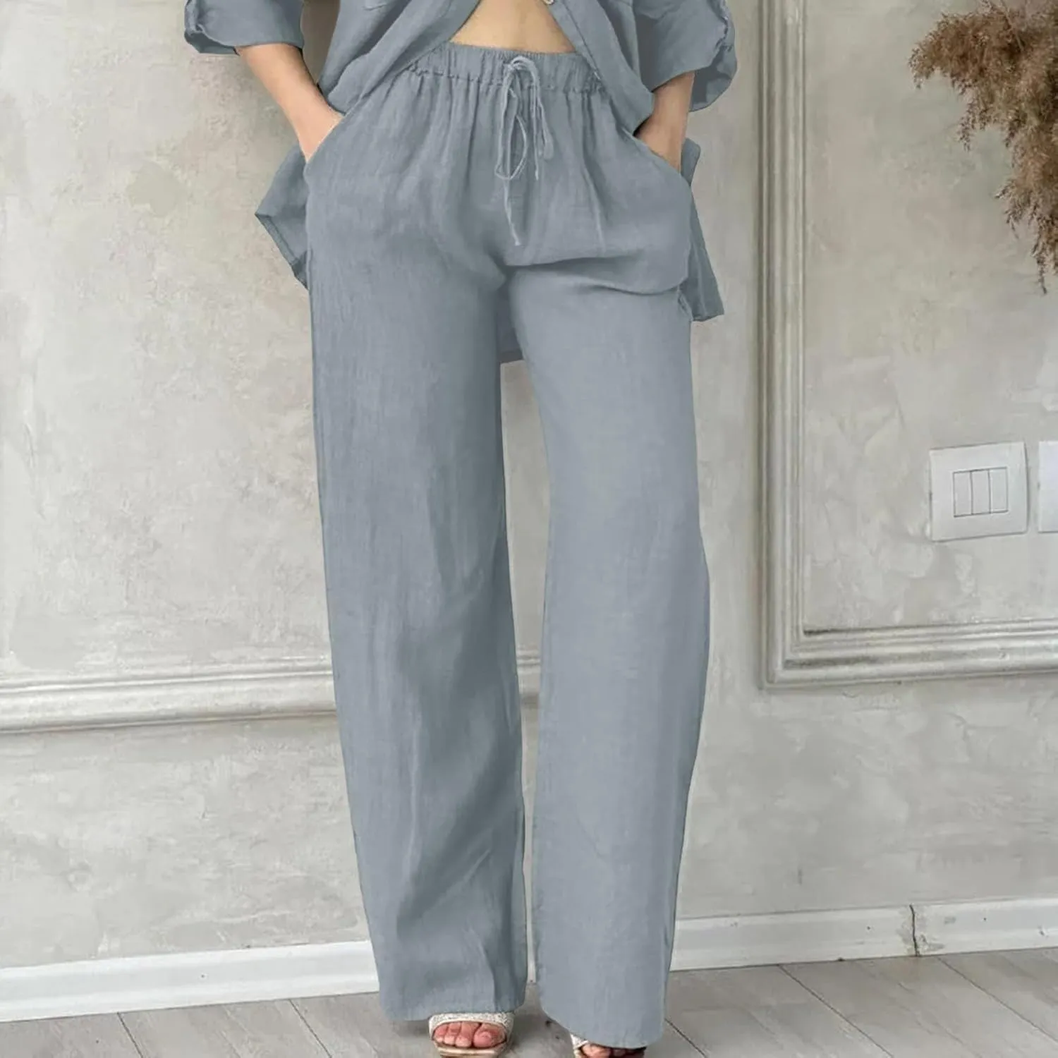 Women's Cotton Linen Pants Summer Palazzo Flowy Elastic Waist Straight Leg Beach Trousers with Pockets Outfits 2025