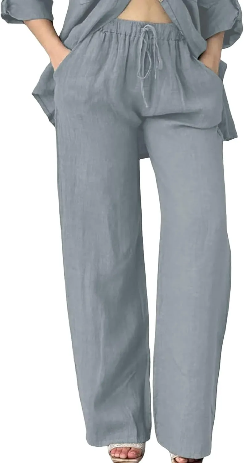 Women's Cotton Linen Pants Summer Palazzo Flowy Elastic Waist Straight Leg Beach Trousers with Pockets Outfits 2025