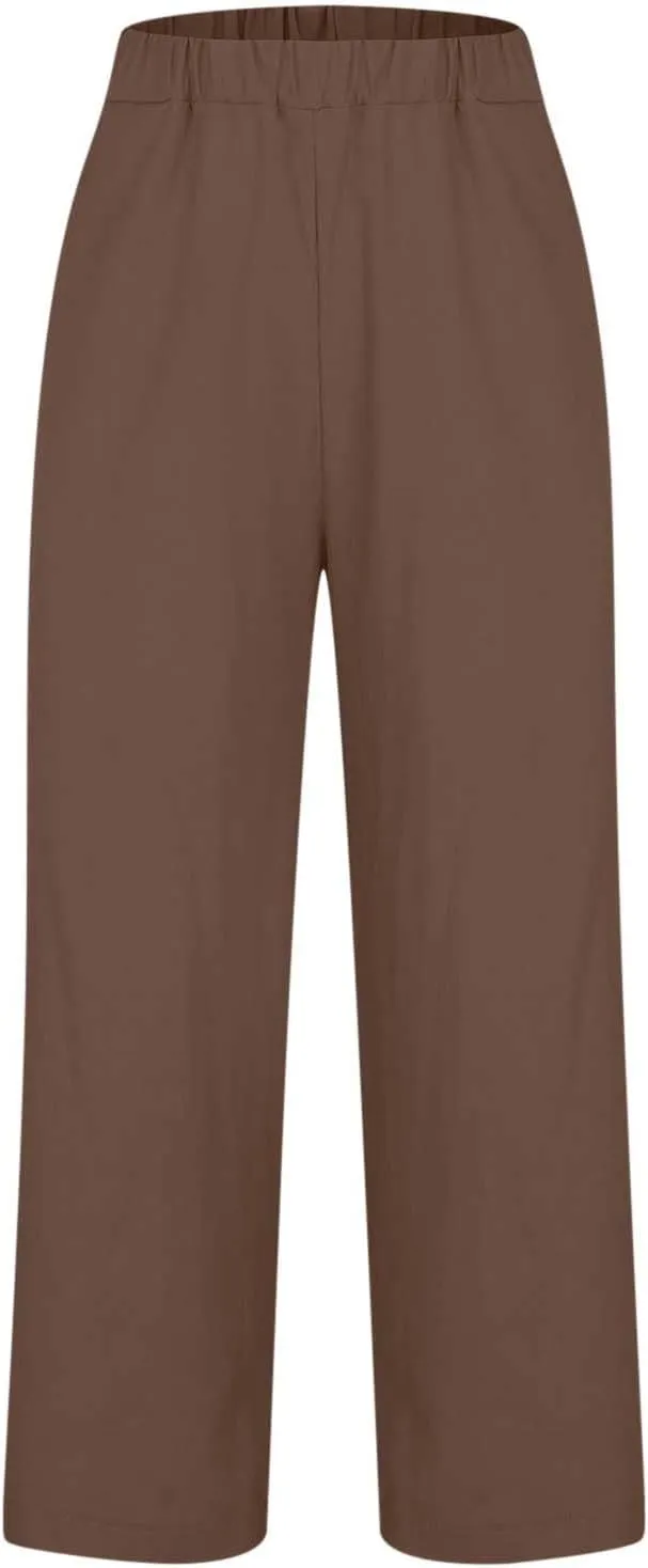 Women's Cotton Linen Pants Summer Trendy Straight Leg Pants Plus Size Elastic High Waist Lightweight Palazzo Trousers