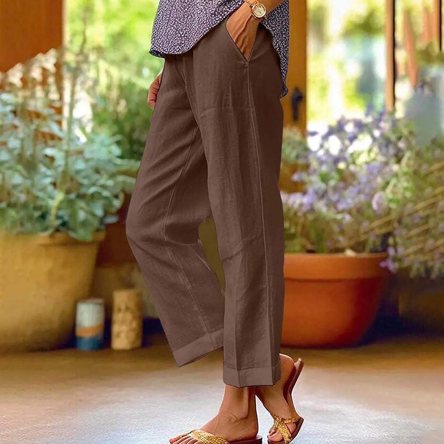 Women's Cotton Linen Pants Summer Trendy Straight Leg Pants Plus Size Elastic High Waist Lightweight Palazzo Trousers