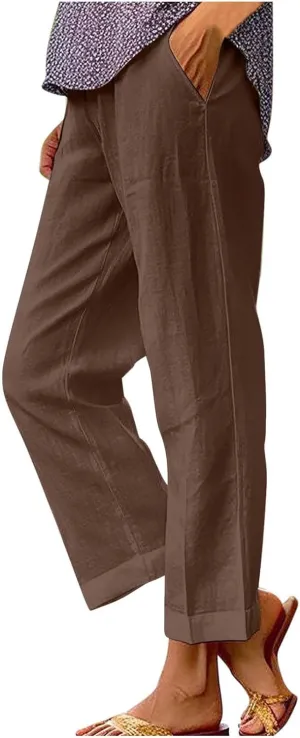 Women's Cotton Linen Pants Summer Trendy Straight Leg Pants Plus Size Elastic High Waist Lightweight Palazzo Trousers