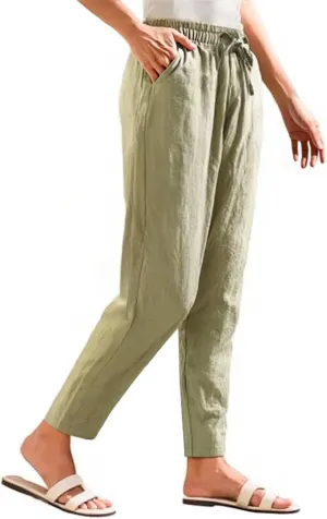 Women's Cotton Linen Pants Women Straight Leg Pants Elastic Drawstring Casual Trousers with Pockets Summer Beach Lounge Pants