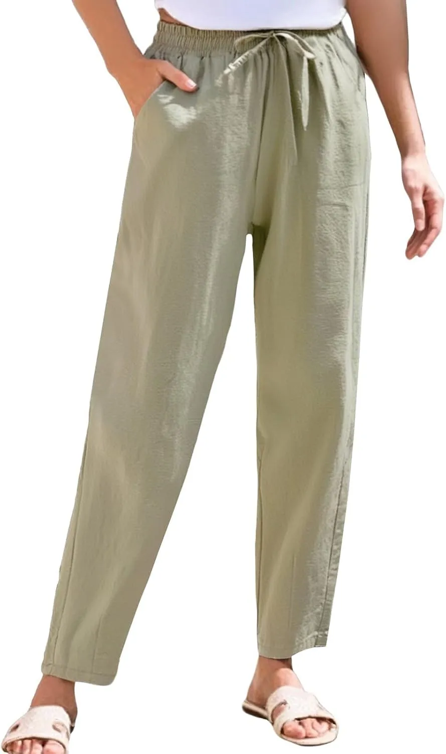 Women's Cotton Linen Pants Women Straight Leg Pants Elastic Drawstring Casual Trousers with Pockets Summer Beach Lounge Pants