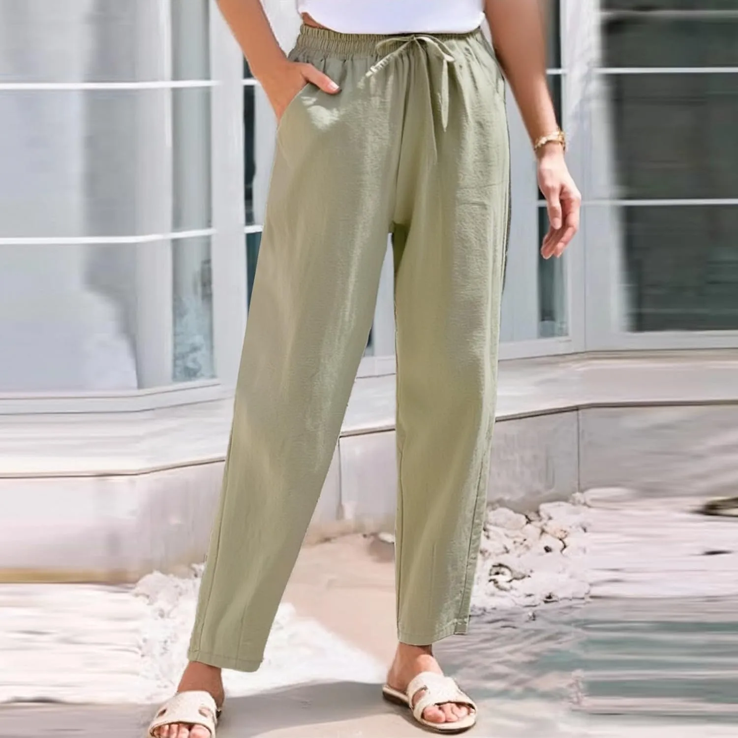 Women's Cotton Linen Pants Women Straight Leg Pants Elastic Drawstring Casual Trousers with Pockets Summer Beach Lounge Pants