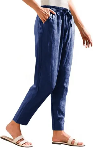 Women's Cotton Linen Straight Leg Pants Elastic Drawstring Casual Trousers with Pockets Summer Beach Lounge Pants