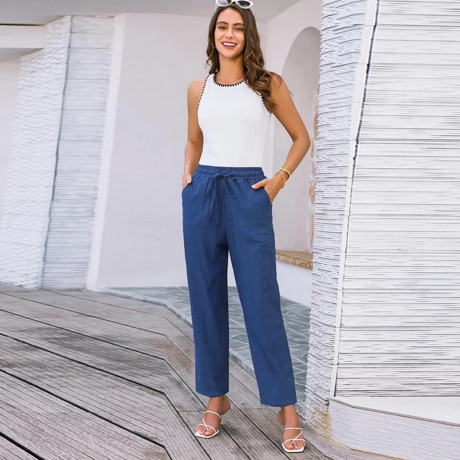 Women's Cotton Linen Straight Leg Pants Elastic Drawstring Casual Trousers with Pockets Summer Beach Lounge Pants