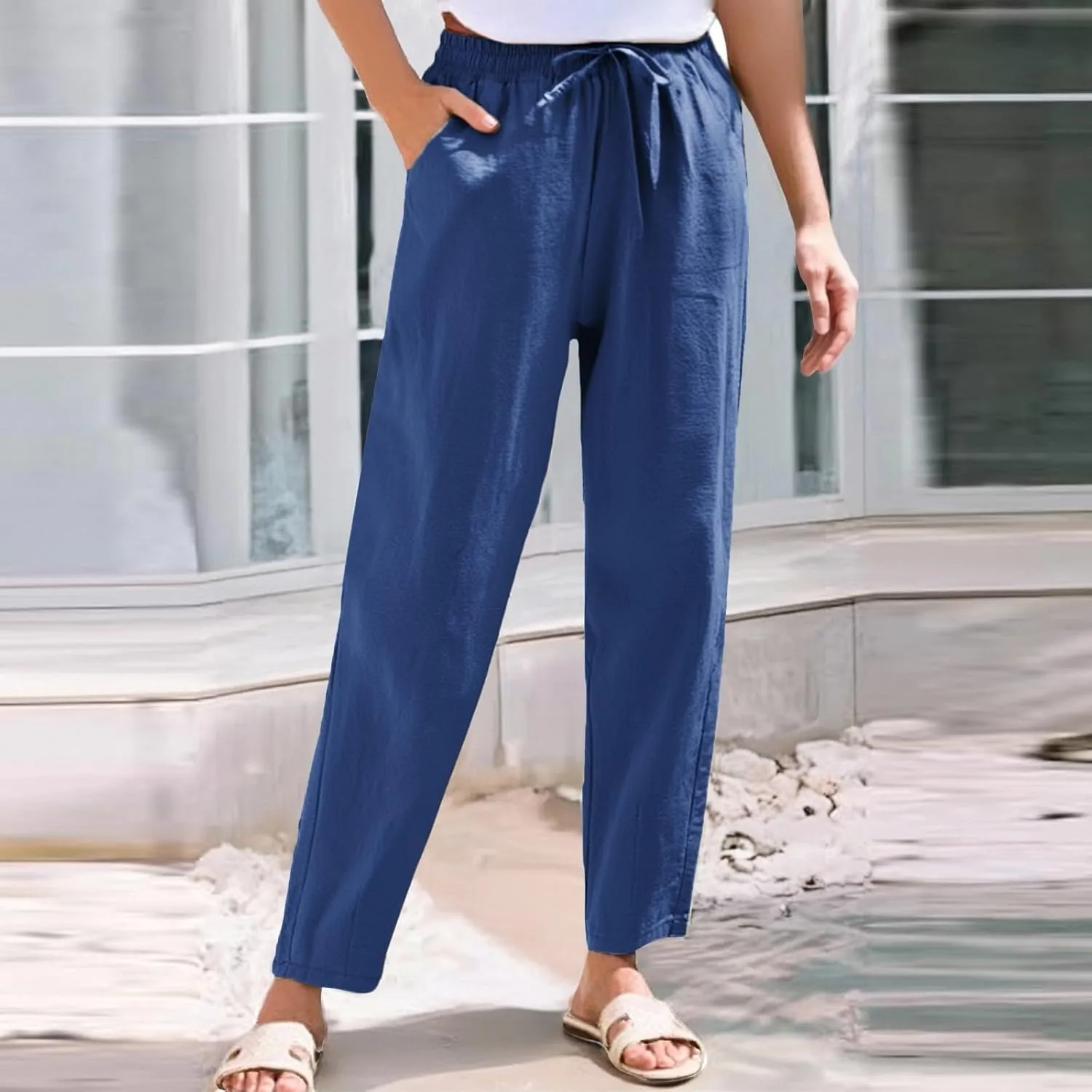 Women's Cotton Linen Straight Leg Pants Elastic Drawstring Casual Trousers with Pockets Summer Beach Lounge Pants